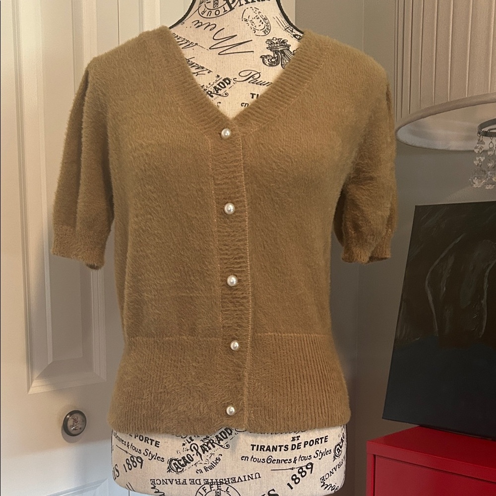 NWOT Camel Short Puff Sleeve Cardigan with Pearl Buttons by Bohme